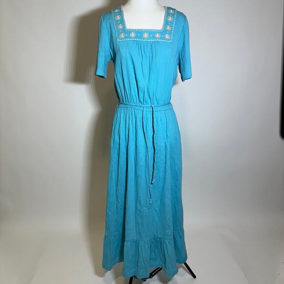 Denim & Company D & Co Blue Embroidered Floral Belted Maxi Dress Womens Small S - Picture 1 of 11